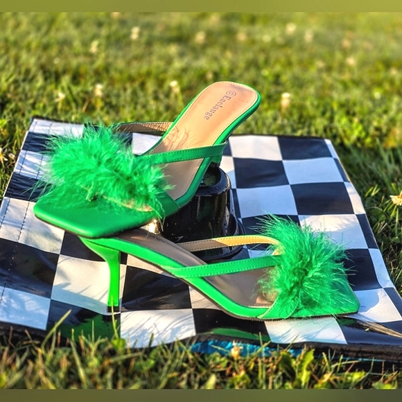 Enelauge Feather Square Toe Kitten Heel Green Sz.45 (W11-13,M11-12) - Picture 2 of 8